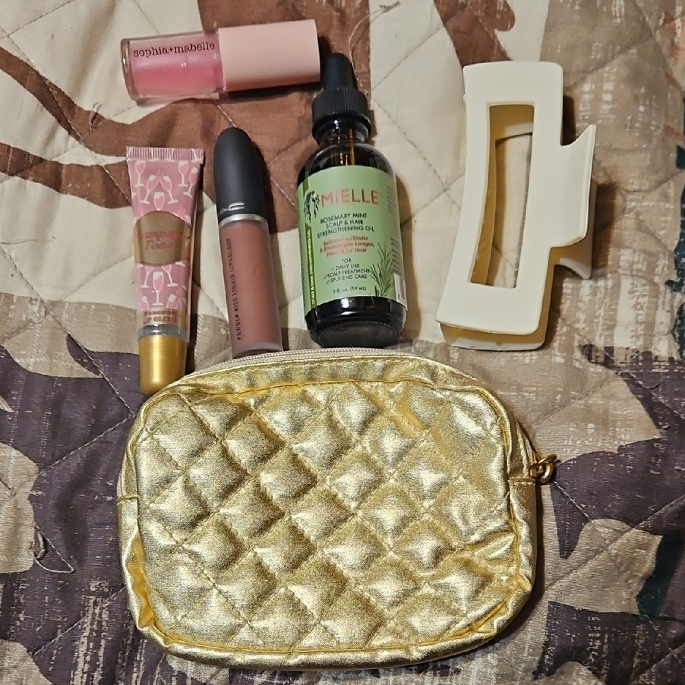 Gold Quilted Cosmetic Pouch with Beauty Products